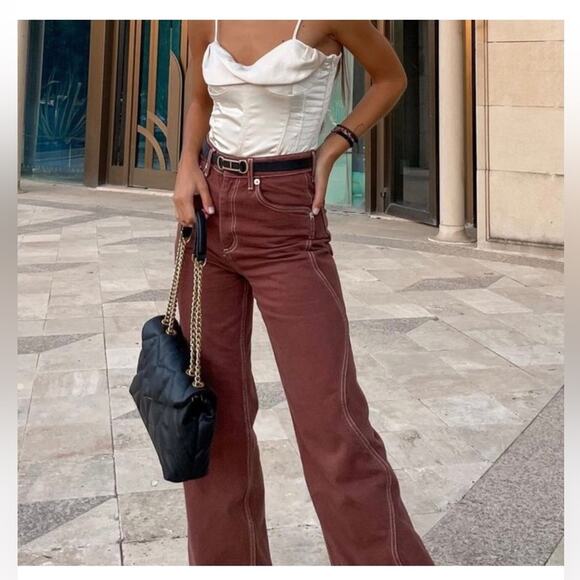 Zara Women’s Wide Leg Raw Hem Jean Sz 2 Wavy Side Seam Boho Western - Picture 1 of 13